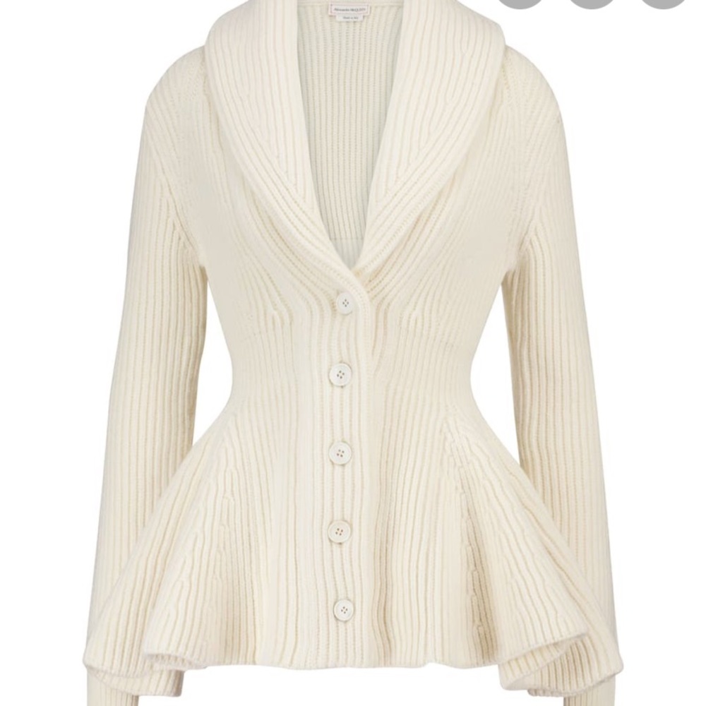 Ribbed-knit wool peplum cardigan